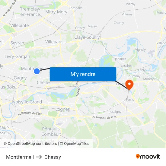 Montfermeil to Chessy map