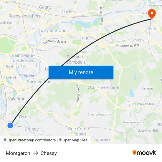 Montgeron to Chessy map
