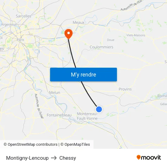 Montigny-Lencoup to Chessy map