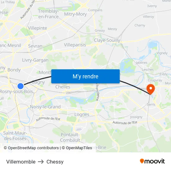 Villemomble to Chessy map