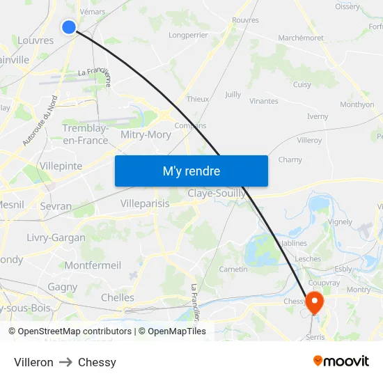 Villeron to Chessy map