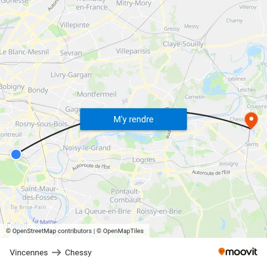 Vincennes to Chessy map