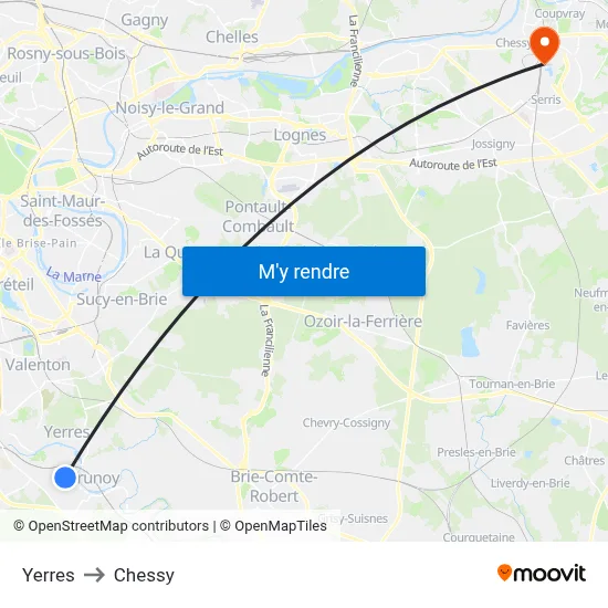 Yerres to Chessy map