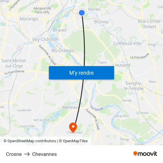 Crosne to Chevannes map