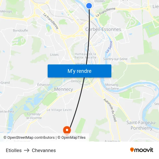 Etiolles to Chevannes map