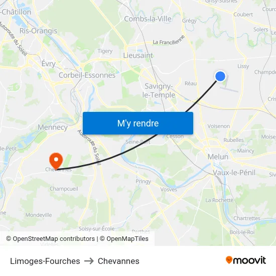 Limoges-Fourches to Chevannes map