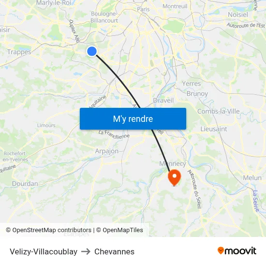Velizy-Villacoublay to Chevannes map