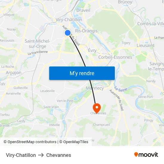 Viry-Chatillon to Chevannes map