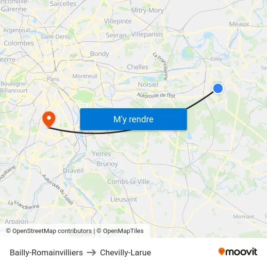 Bailly-Romainvilliers to Chevilly-Larue map