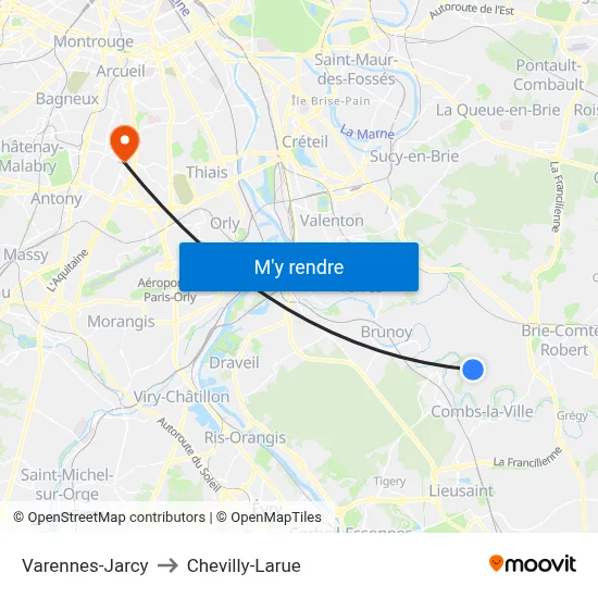 Varennes-Jarcy to Chevilly-Larue map