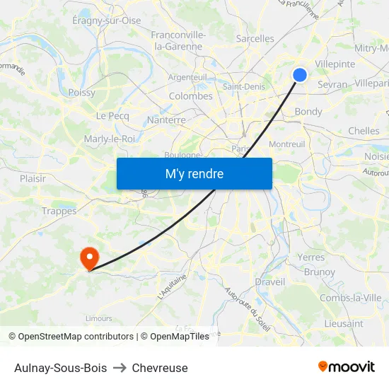 Aulnay-Sous-Bois to Chevreuse map