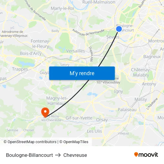 Boulogne-Billancourt to Chevreuse map