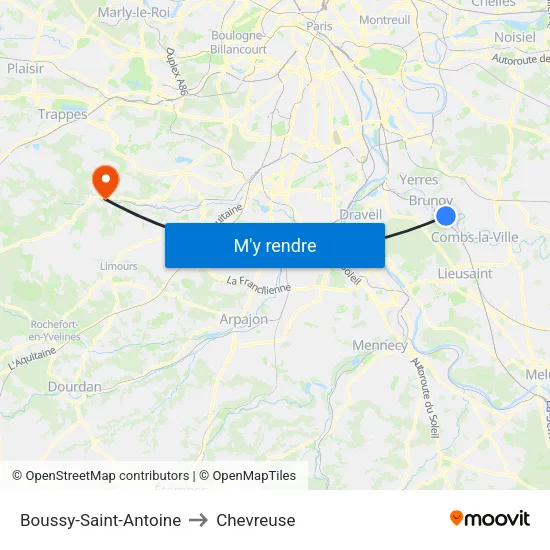 Boussy-Saint-Antoine to Chevreuse map