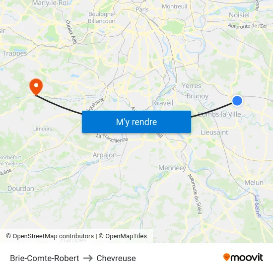 Brie-Comte-Robert to Chevreuse map