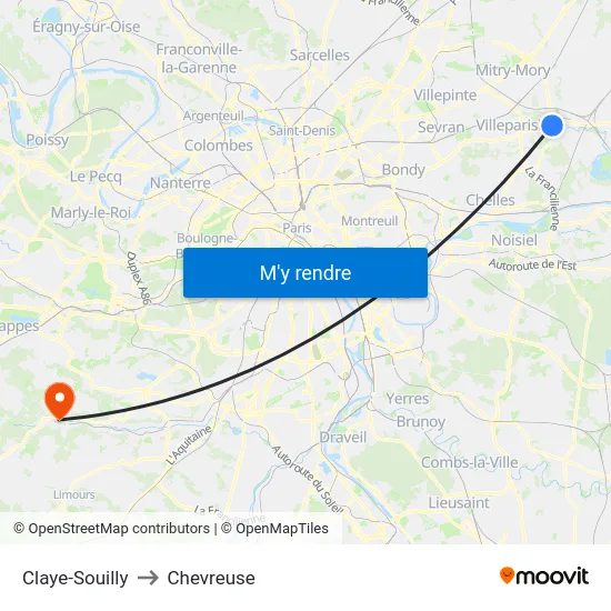 Claye-Souilly to Chevreuse map