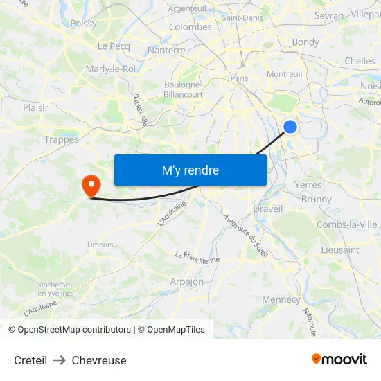 Creteil to Chevreuse map