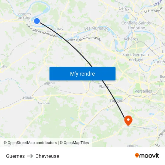 Guernes to Chevreuse map