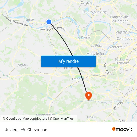 Juziers to Chevreuse map