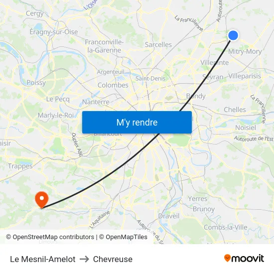 Le Mesnil-Amelot to Chevreuse map