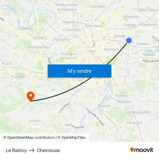Le Raincy to Chevreuse map