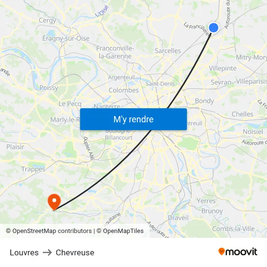 Louvres to Chevreuse map