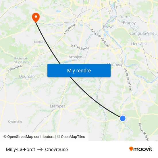 Milly-La-Foret to Chevreuse map