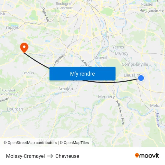Moissy-Cramayel to Chevreuse map