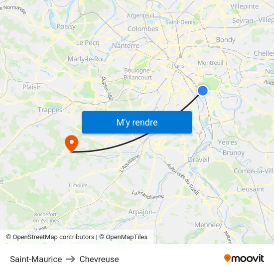 Saint-Maurice to Chevreuse map
