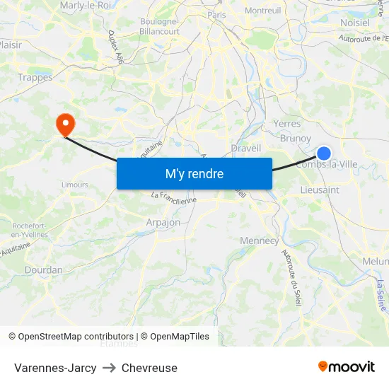 Varennes-Jarcy to Chevreuse map