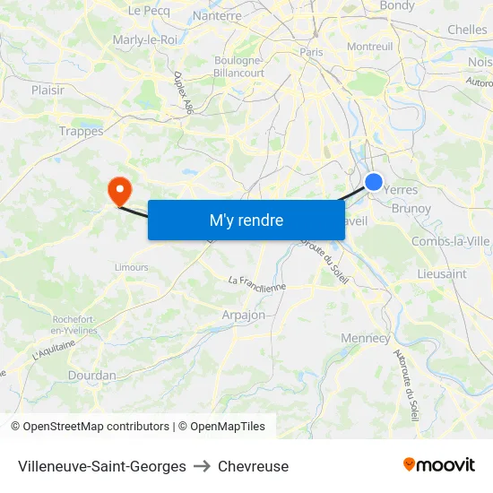 Villeneuve-Saint-Georges to Chevreuse map