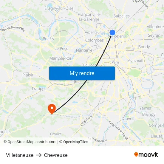 Villetaneuse to Chevreuse map
