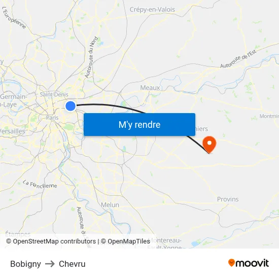 Bobigny to Chevru map