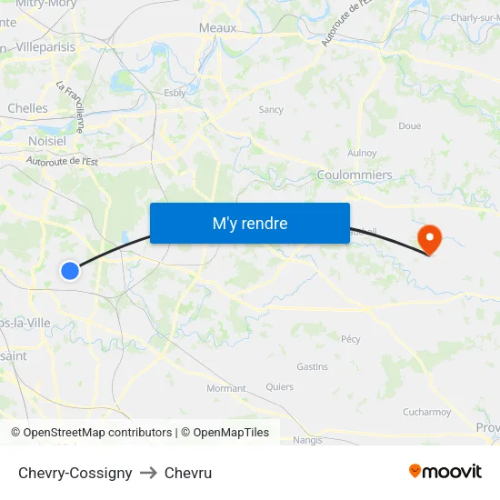 Chevry-Cossigny to Chevru map