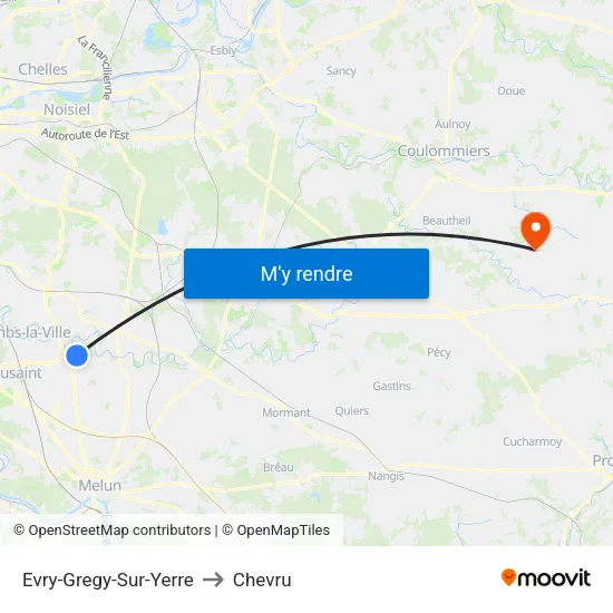 Evry-Gregy-Sur-Yerre to Chevru map