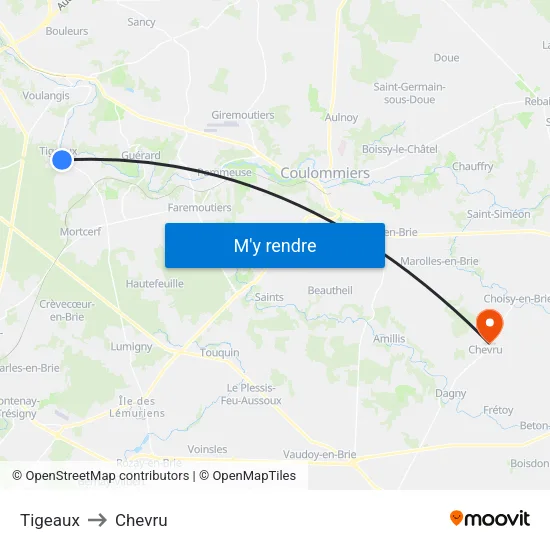 Tigeaux to Chevru map