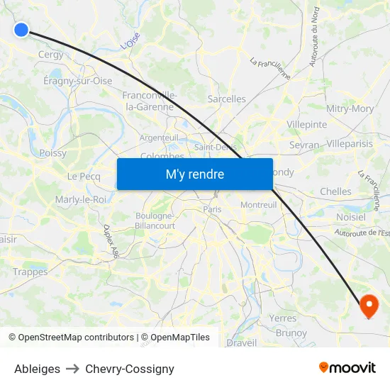 Ableiges to Chevry-Cossigny map