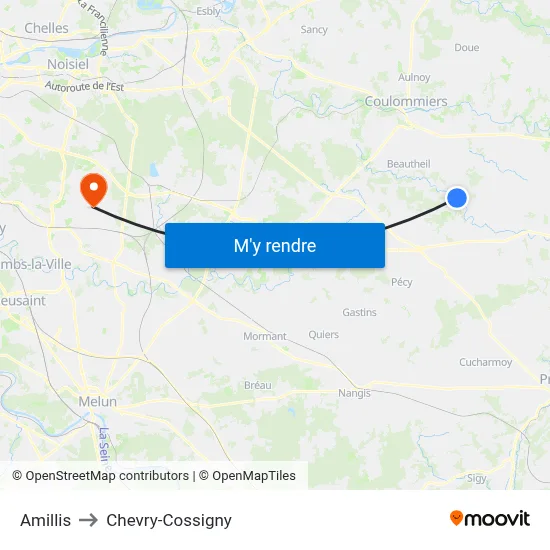 Amillis to Chevry-Cossigny map