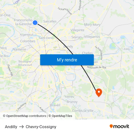 Andilly to Chevry-Cossigny map