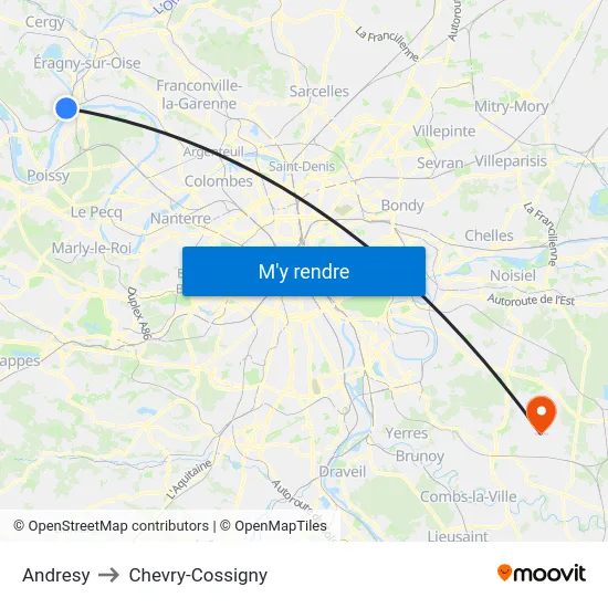 Andresy to Chevry-Cossigny map