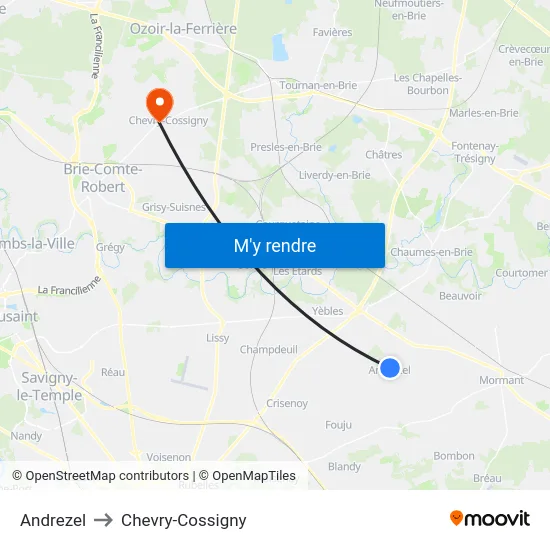 Andrezel to Chevry-Cossigny map