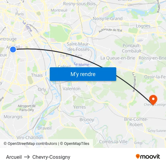 Arcueil to Chevry-Cossigny map