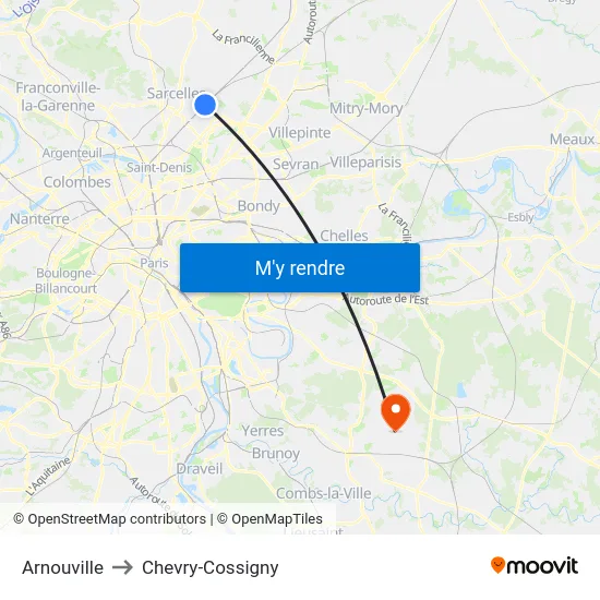 Arnouville to Chevry-Cossigny map