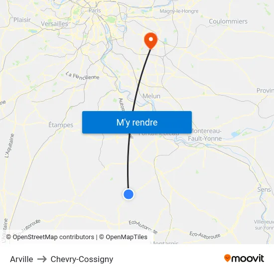 Arville to Chevry-Cossigny map