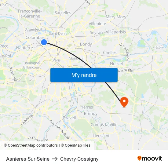 Asnieres-Sur-Seine to Chevry-Cossigny map