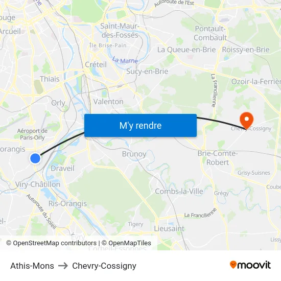 Athis-Mons to Chevry-Cossigny map
