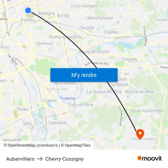 Aubervilliers to Chevry-Cossigny map