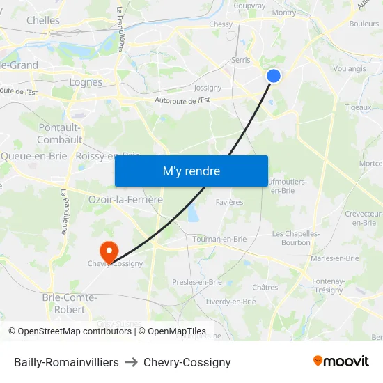 Bailly-Romainvilliers to Chevry-Cossigny map