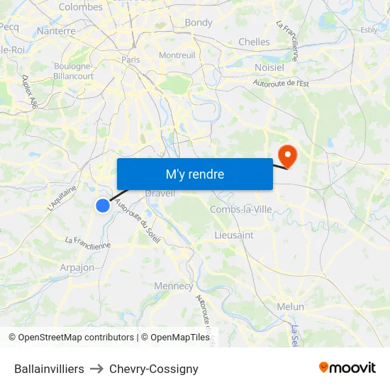 Ballainvilliers to Chevry-Cossigny map