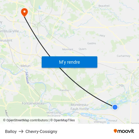 Balloy to Chevry-Cossigny map