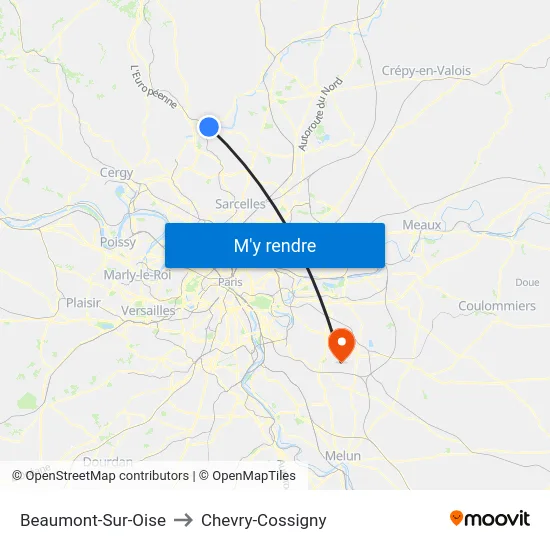 Beaumont-Sur-Oise to Chevry-Cossigny map